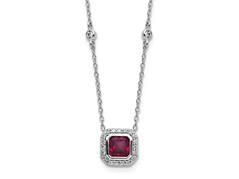 Rhodium Over Sterling Silver Fancy Created Ruby and Cubic Zirconia Necklace