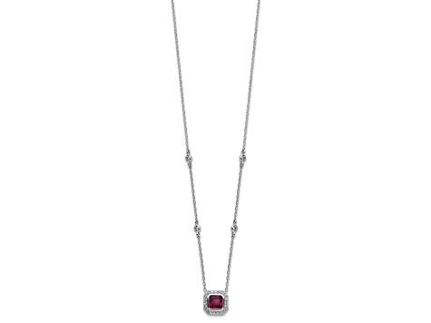 Rhodium Over Sterling Silver Fancy Created Ruby and Cubic Zirconia Necklace