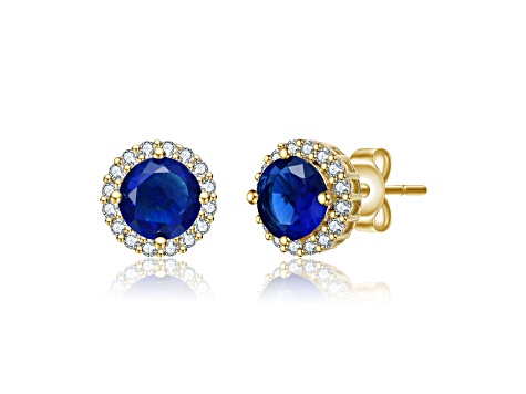 Round Sapphire Blue Cubic Zirconia, 14K Gold Plated over Brass Halo Stud Earrings