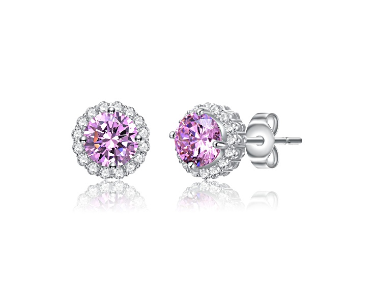 Round Pink Cubic Zirconia, Rhodium Plated Brass Halo Stud Earrings