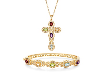 Picture of Multi Gemstone 18k Yellow Gold Over Bronze Bracelet and Pendant w/Chain Set 9.45ctw
