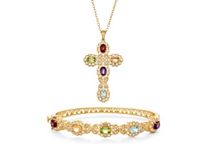 Multi Gemstone 18k Yellow Gold Over Sterling Silver Bracelet and Pendant w/Chain Set 182ctw