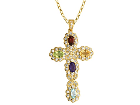 Multi Gemstone 18k Yellow Gold Over Sterling Silver Bracelet and Pendant w/Chain Set 182ctw