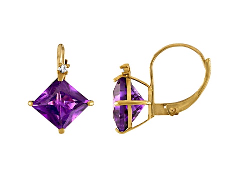 10K Yellow Gold Amethyst and Diamond Princess Leverback Earrings 2.40ctw