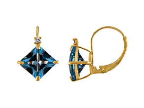 10K Yellow Gold Lab Created Aquamarine and Diamond Princess Leverback Earrings 2.40ctw