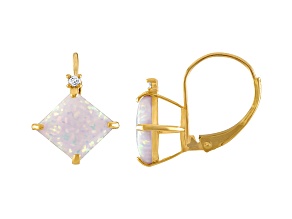 10K Yellow Gold Lab Created Opal and Diamond Princess Leverback Earrings 1.80ctw