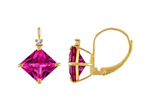 10K Yellow Gold Lab Created Pink Sapphire and Diamond Princess Leverback Earrings 3.40ctw