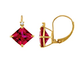 10K Yellow Gold Lab Created Ruby and Diamond Princess Leverback Earrings 3.40ctw