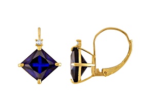 10K Yellow Gold Lab Created Sapphire and Diamond Princess Leverback Earrings 3.40ctw