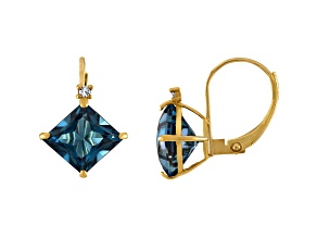 10K Yellow Gold London Blue Topaz and Diamond Princess Leverback Earrings 3.0ctw