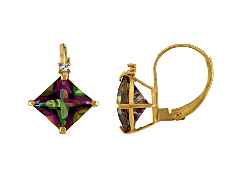 10K Yellow Gold Mystic Topaz and Diamond Princess Leverback Earrings 3.0ctw