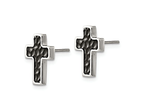 Stainless Steel Brushed and Polished Black IP-plated Textured Cross Earrings