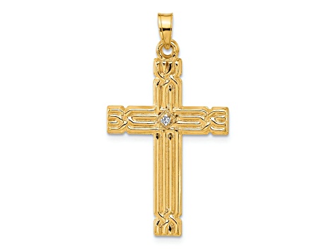 14k Yellow Gold Polished and Grooved Diamond Cross Pendant