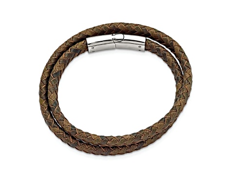 Brown Leather and Stainless Steel Polished 14.75-inch Wrap Bracelet