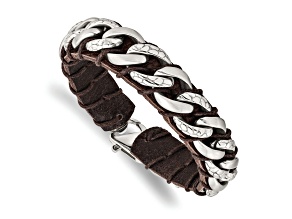 Brown Leather and Stainless Steel Brushed Polished and Textured 8.5-inch Bracelet