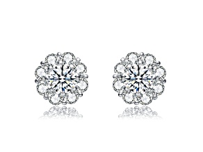 Rhodium Plated over Sterling Silver with Clear Cubic Zirconia Flower Inspired Design Stud Earrings