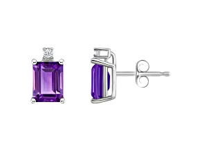 6x4mm Emerald Cut Amethyst with Diamond Accents 14k White Gold Stud Earrings