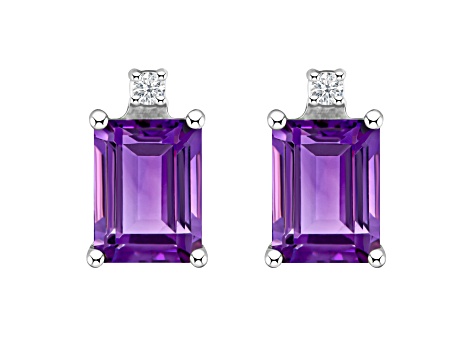 6x4mm Emerald Cut Amethyst with Diamond Accents 14k White Gold Stud Earrings