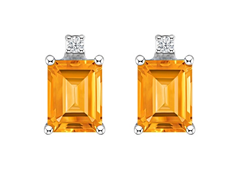 6x4mm Emerald Cut Citrine with Diamond Accents 14k White Gold Stud Earrings