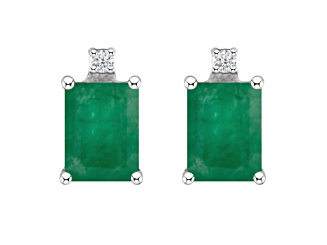 6x4mm Emerald Cut Emerald with Diamond Accents 14k White Gold Stud Earrings
