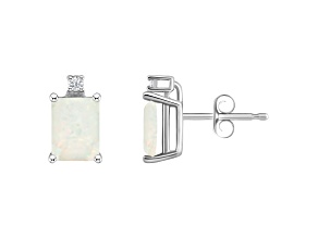 6x4mm Emerald Cut Opal with Diamond Accents 14k White Gold Stud Earrings