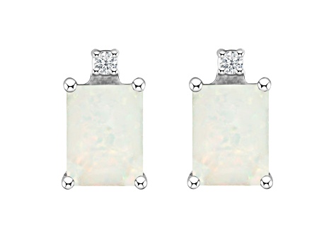 6x4mm Emerald Cut Opal with Diamond Accents 14k White Gold Stud Earrings