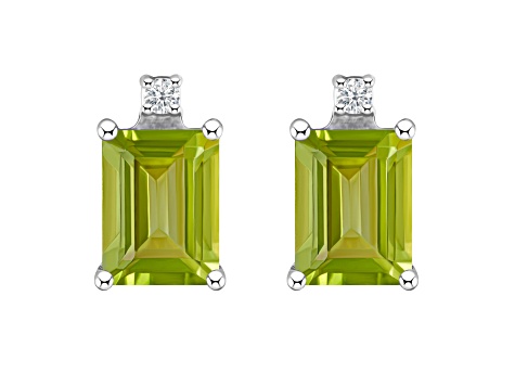 6x4mm Emerald Cut Peridot with Diamond Accents 14k White Gold Stud Earrings