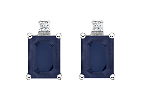 6x4mm Emerald Cut Sapphire with Diamond Accents 14k White Gold Stud Earrings