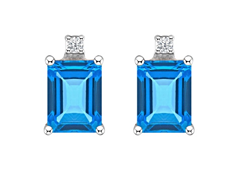 6x4mm Emerald Cut Blue Topaz with Diamond Accents 14k White Gold Stud Earrings