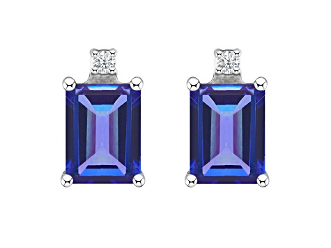 6x4mm Emerald Cut Tanzanite with Diamond Accents 14k White Gold Stud Earrings