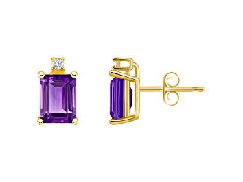 Picture of 6x4mm Emerald Cut Amethyst with Diamond Accents 14k Yellow Gold Stud Earrings