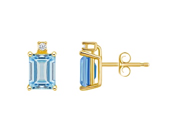 Picture of 6x4mm Emerald Cut Aquamarine with Diamond Accents 14k Yellow Gold Stud Earrings