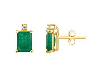 Picture of 6x4mm Emerald Cut Emerald with Diamond Accents 14k Yellow Gold Stud Earrings