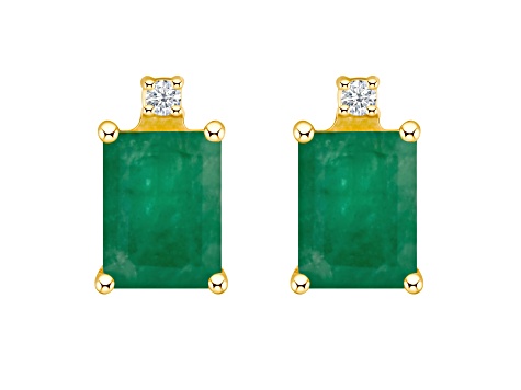 6x4mm Emerald Cut Emerald With Diamond Accents 14k Yellow Gold Stud 