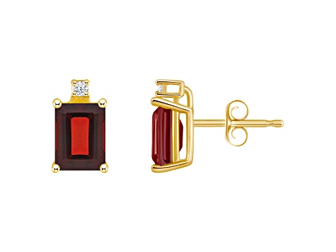 6x4mm Emerald Cut Garnet with Diamond Accents 14k Yellow Gold Stud Earrings