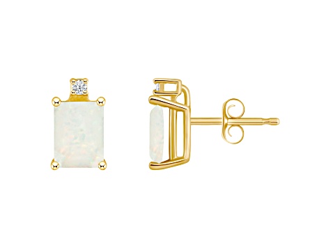 6x4mm Emerald Cut Opal with Diamond Accents 14k Yellow Gold Stud Earrings