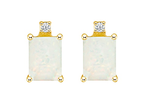 6x4mm Emerald Cut Opal with Diamond Accents 14k Yellow Gold Stud Earrings