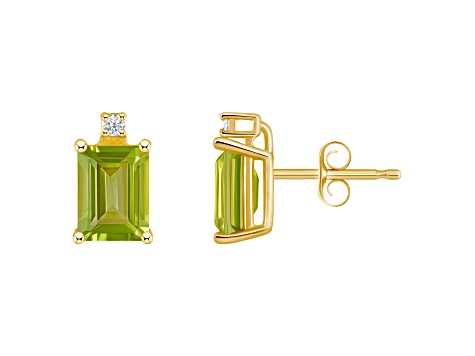 6x4mm Emerald Cut Peridot with Diamond Accents 14k Yellow Gold Stud Earrings