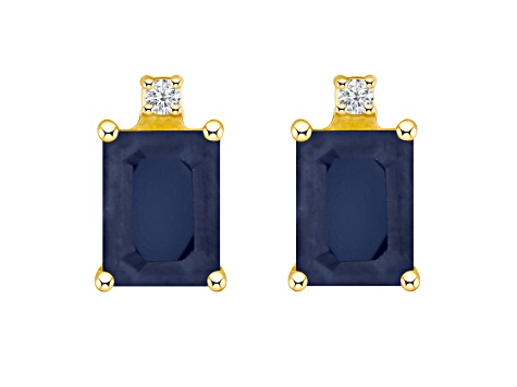 6x4mm Emerald Cut Sapphire with Diamond Accents 14k Yellow Gold Stud Earrings