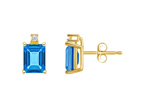 6x4mm Emerald Cut Blue Topaz with Diamond Accents 14k Yellow Gold Stud Earrings