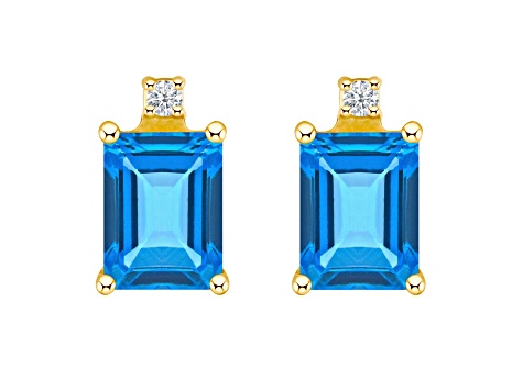 6x4mm Emerald Cut Blue Topaz with Diamond Accents 14k Yellow Gold Stud Earrings