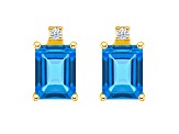 6x4mm Emerald Cut Blue Topaz with Diamond Accents 14k Yellow Gold Stud Earrings