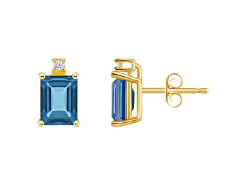 Picture of 6x4mm Emerald Cut London Blue Topaz with Diamond Accents 14k Yellow Gold Stud Earrings