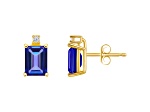 6x4mm Emerald Cut Tanzanite with Diamond Accents 14k Yellow Gold Stud Earrings