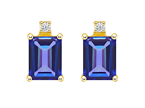 6x4mm Emerald Cut Tanzanite with Diamond Accents 14k Yellow Gold Stud Earrings