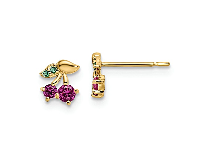14K Yellow Gold Red Cubic Zirconia and Green Glass Cherry Post Earrings