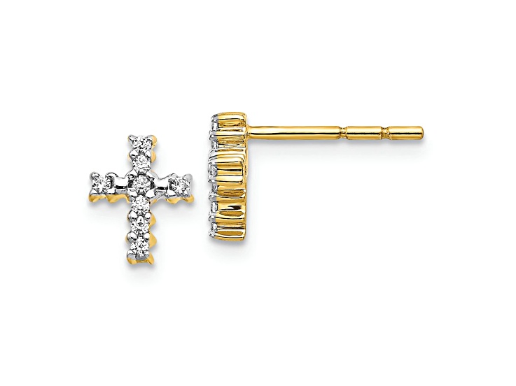 14K Two-tone Gold Polished 0.096 cttw. Diamond Cross Stud Earrings