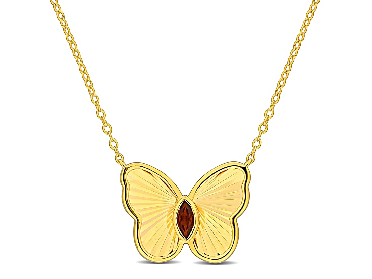 1/5 CT TGW Garnet Butterfly Necklace with Chain in Yellow Plated Sterling Silver, 17"