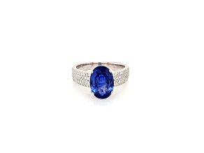 4.08 Ctw Blue Sapphire and 0.56 Ctw White Diamond Ring in 14K WG