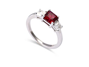 Red Lab Grown Ruby Rhodium Over Sterling Silver Three Stone Ring